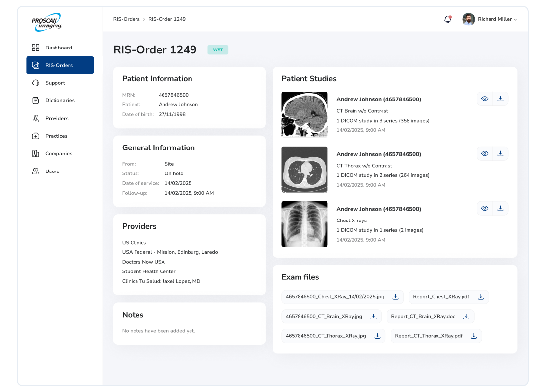 Screen featuring RIS-orders and downloadable examination files